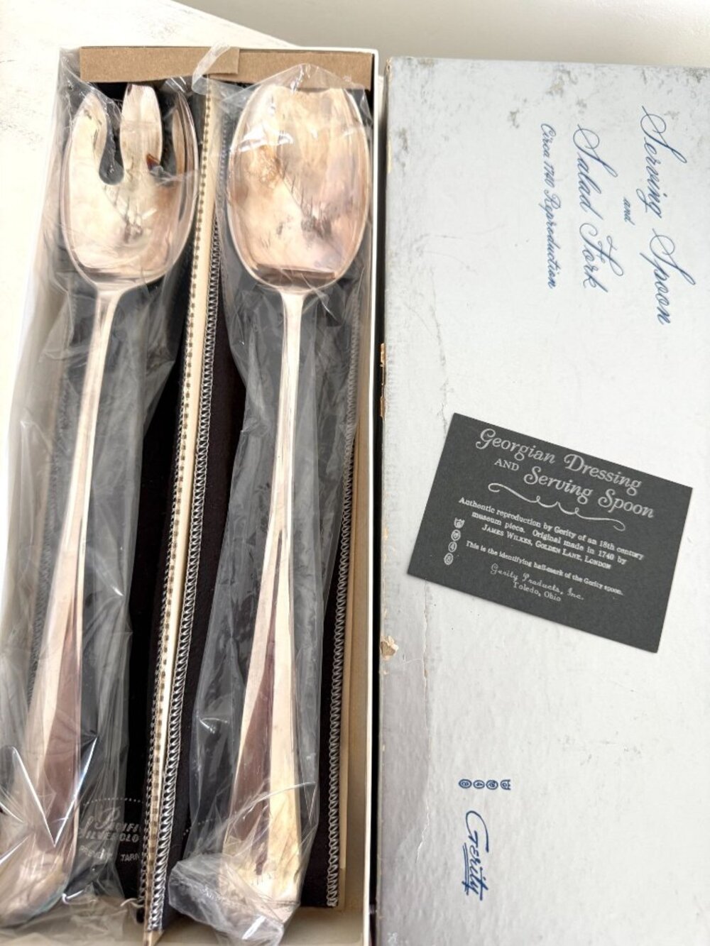 Gerity Georgian Serving Spoon & Salad Fork Set Silverplate w/ Box